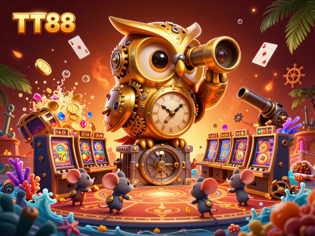 TT88 casino scene with a golden owl and treasure chest overflowing with gems, engaging players.