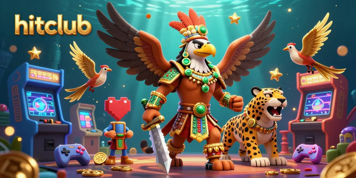 Engage in action at hitclub with an Aztec warrior battling surrounded by 3D casino gaming elements.