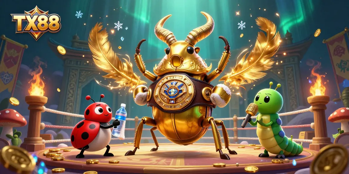Engage with TX88's dynamic casino scene featuring a golden stag beetle, ladybug, and caterpillar in action.