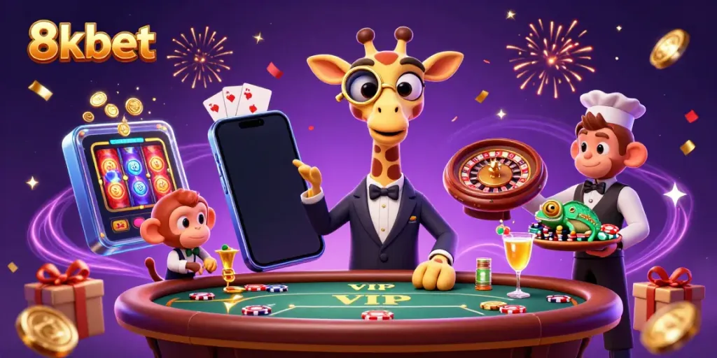 Experience vibrant excitement at 8xbet with a whimsical 3D illustration showcasing a high-roller giraffe at a VIP poker table.