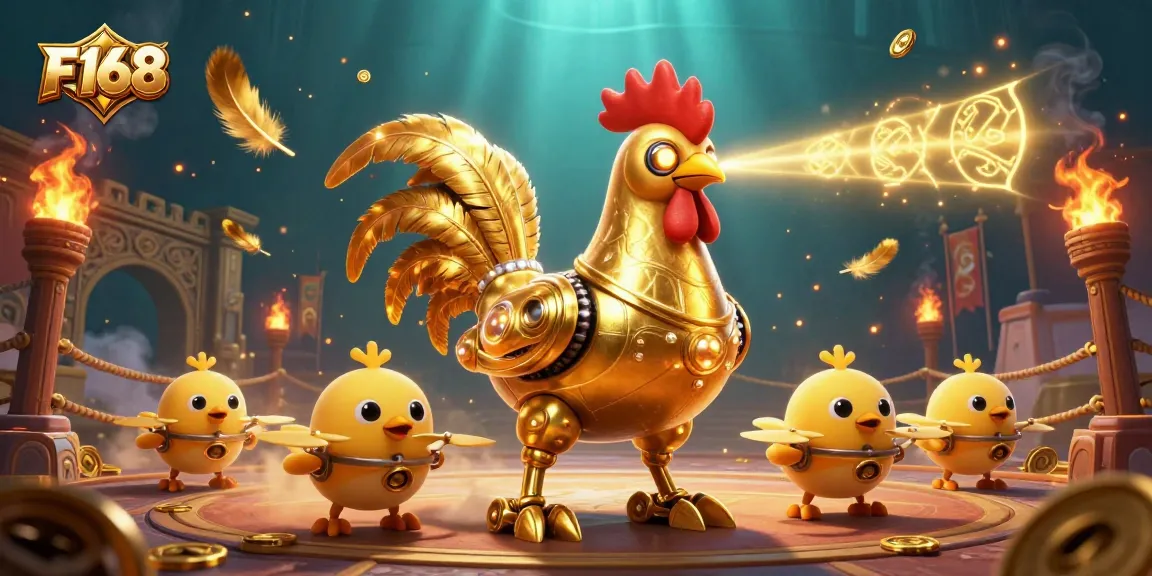 Engage in thrilling gaming adventures at F168's vibrant 3D casino world featuring a golden rooster robot and dynamic gaming elements.