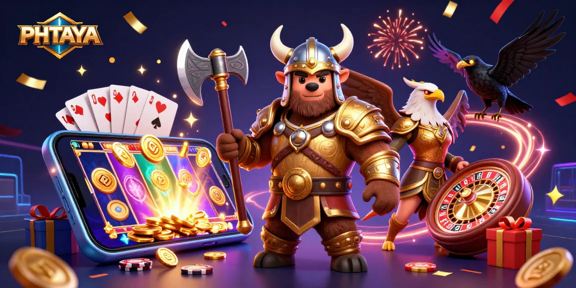 PHTAYA offers thrilling gaming experiences with a 3D Viking bear and Valkyrie in a vibrant casino setting.