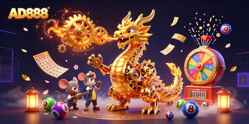 Experience AD888 dynamic gaming action with a golden dragon and vibrant lottery elements.