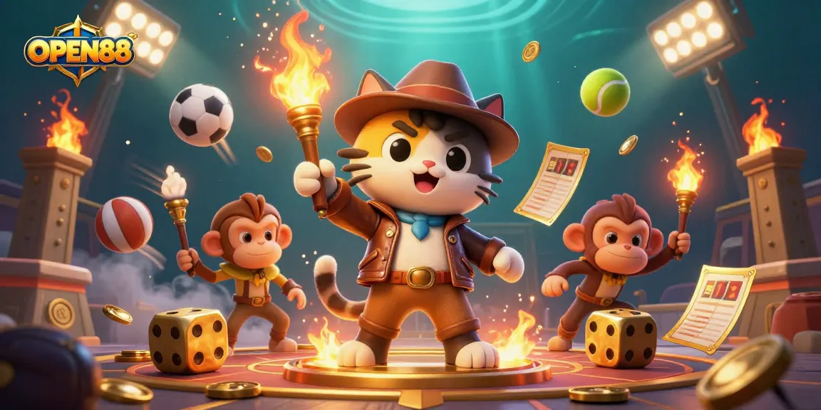 Experience thrilling gameplay with OPEN88 as the cartoon archaeologist cat finds golden casino treasures.