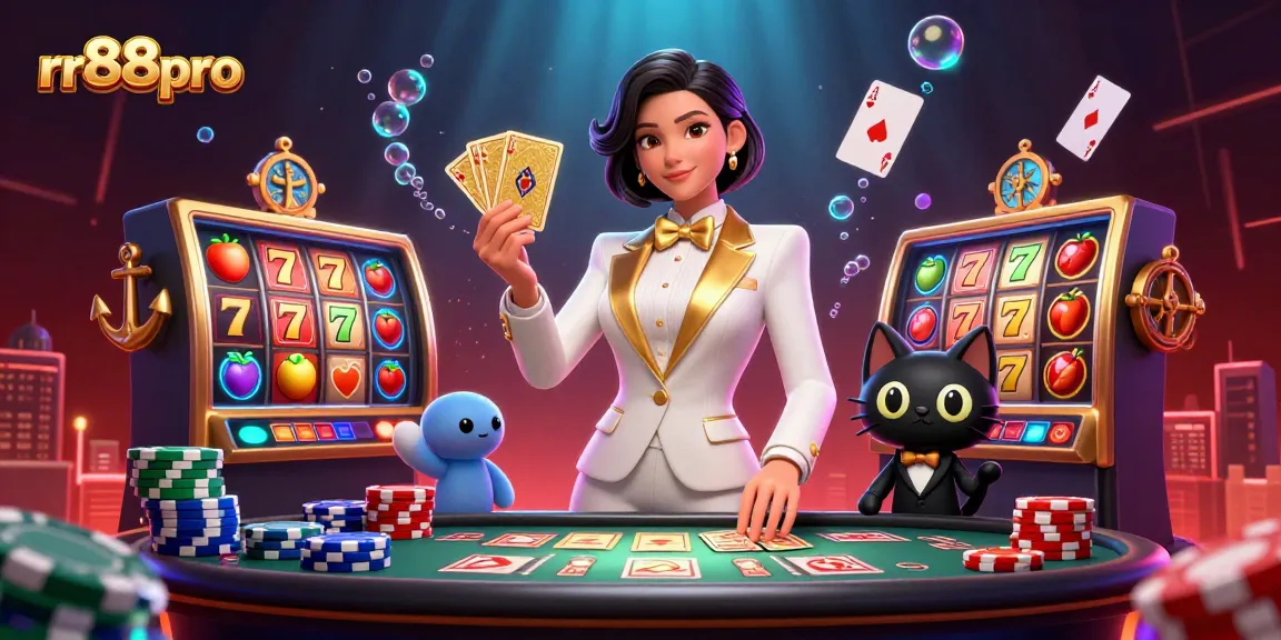 Engage with thrilling games at rr88pro, featuring a glamorous dealer and vibrant casino elements.