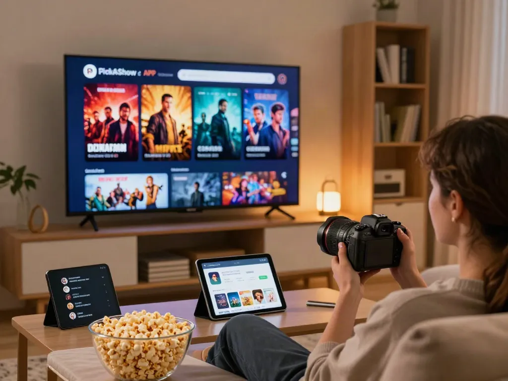Person enjoying the PickAShow APK on a stylish couch with a smart TV.