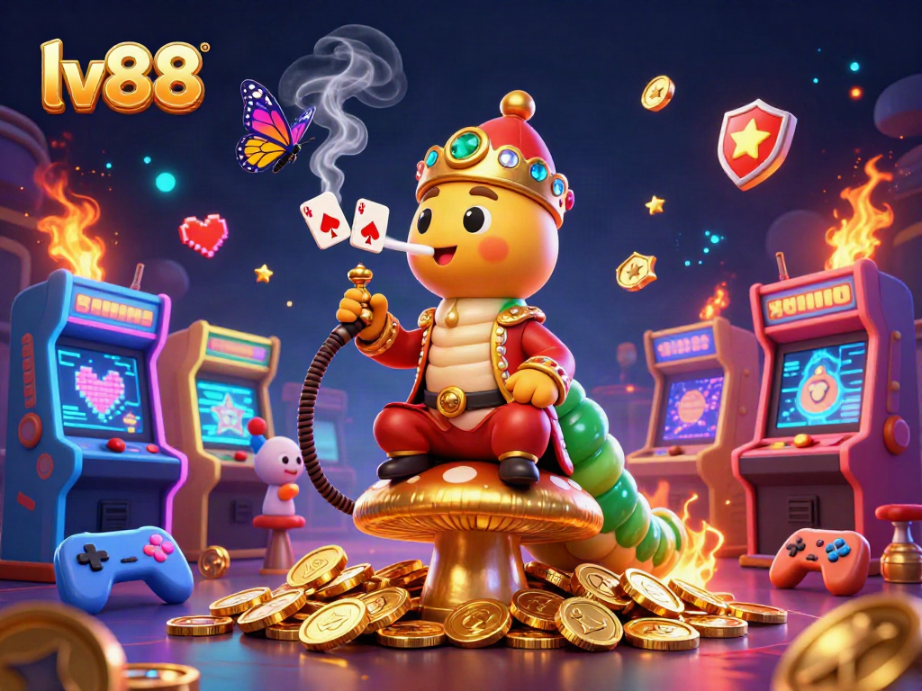 Engage with the lv88 casino experience, featuring a colorful scene with vibrant gaming elements and the whimsical caterpillar character.