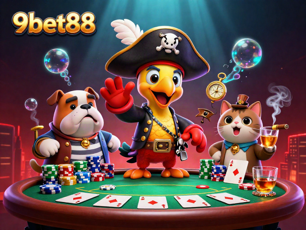Catch exciting poker action with 9bet88, featuring colorful chips and a whimsical cast of characters.