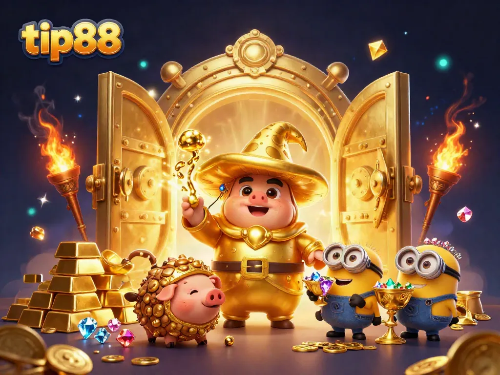 tip88 showcases magical online gambling with a golden wizard and treasures in an enchanting scene.