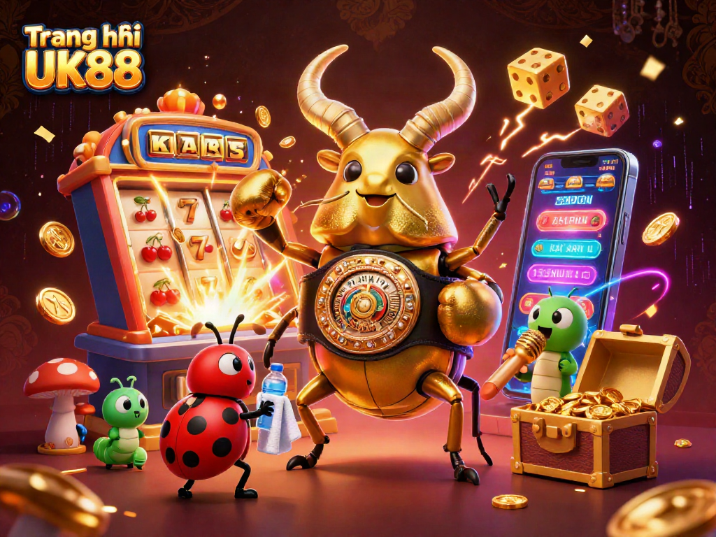 Play thrilling slots at Trang chủ UK88, featuring a vibrant 3D showdown with gold coins, dice, and symbols.