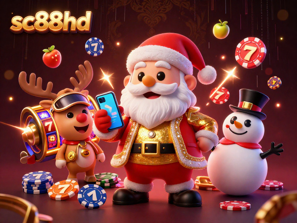 Celebrate gaming wins with sc88hd's festive 3D illustration featuring Santa, a reindeer dealer, and a poker chip snowman.