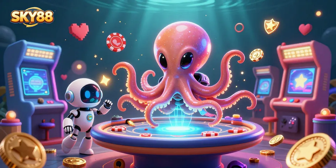 Engage with SKY88's spectacular alien octopus and its poker table in a vibrant casino-themed scene.