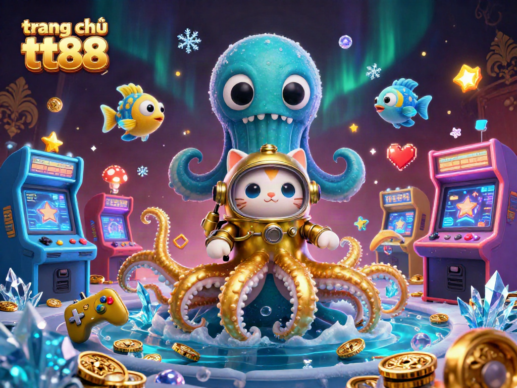 Engage with the exciting trang chủ tt88 scene, featuring a kraken and a diving cat amidst glowing arcade games and treasures.