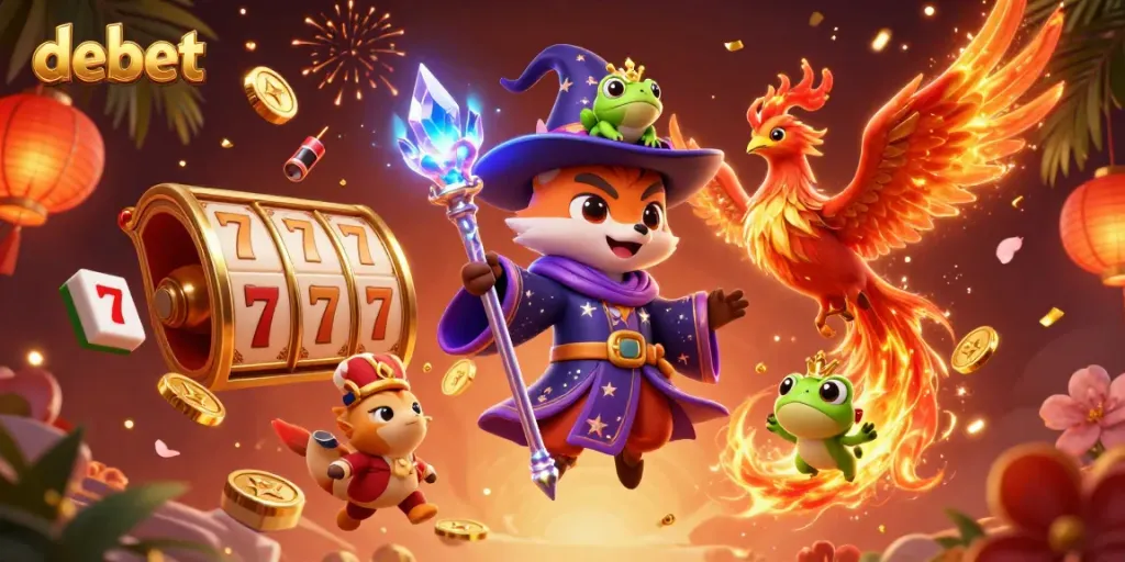 Engage in debet's exciting world with vibrant 3D wizard and phoenix amidst casino elements.
