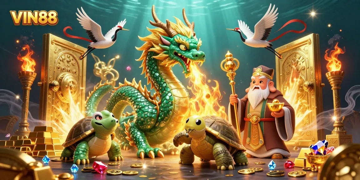 Win big with VIN88 as the emerald jade dragon breathes fire amidst treasures.
