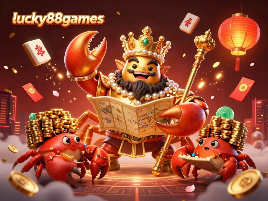 Experience thrilling games at lucky88games with a golden crab emperor and magical elements in an enchanting casino scene.