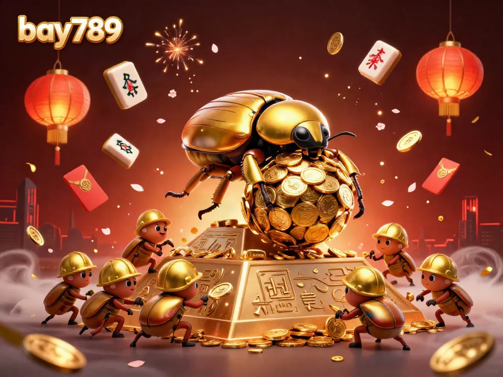 Engaging visual of bay789, showcasing golden beetles amid casino-themed elements, symbolizing wealth.