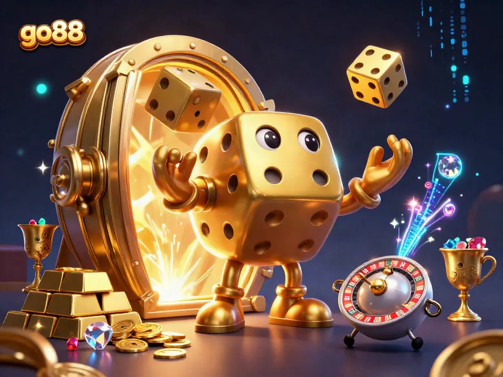 Experience the thrilling world of go88 with our dynamic gaming illustration filled with golden treasures and lively characters.