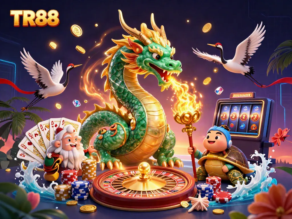 Experience the excitement of TR88 with a dramatic 3D scene featuring a jade dragon and turtles amidst vibrant casino elements.