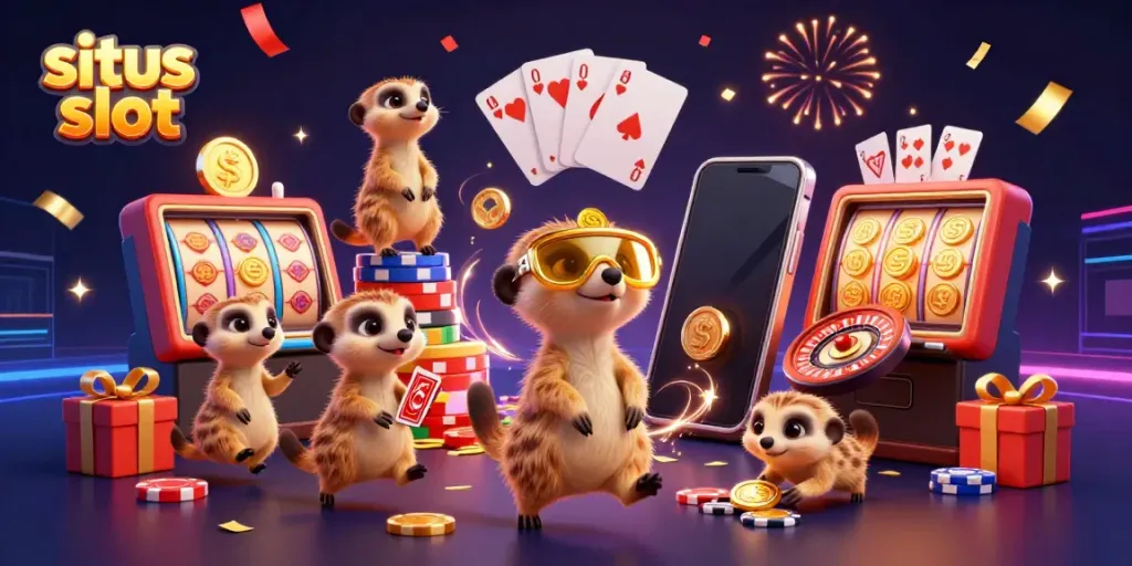 Immerse in the excitement of situs slot with animated meerkats managing a vibrant casino scene.
