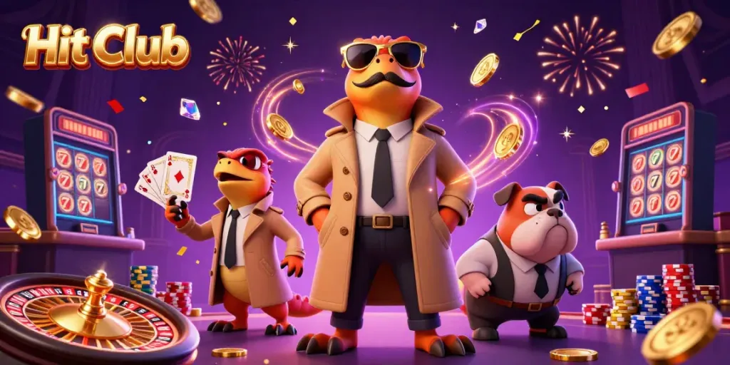Hit Club showcases a creative 3D casino scene with raptors in disguise and vibrant gaming elements.