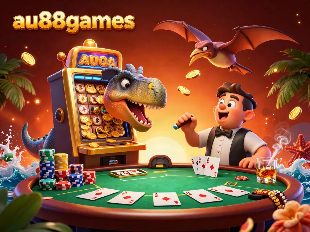 Experience the excitement of au88games as a dinosaur celebrates a jackpot win at a casino.