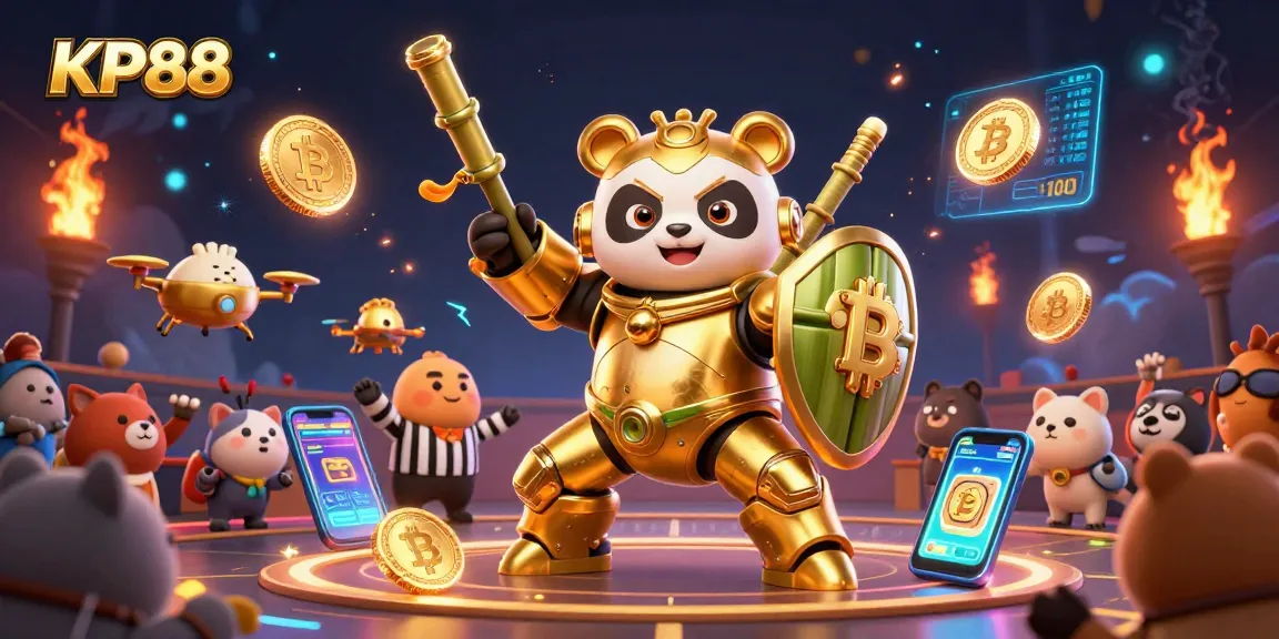 KP88 showcases an energetic scene with a golden panda and dynamic gaming elements for online gamblers.