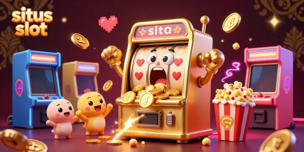 Experience the excitement of situs slot with a golden slot machine celebrating a jackpot amidst colorful arcade elements.