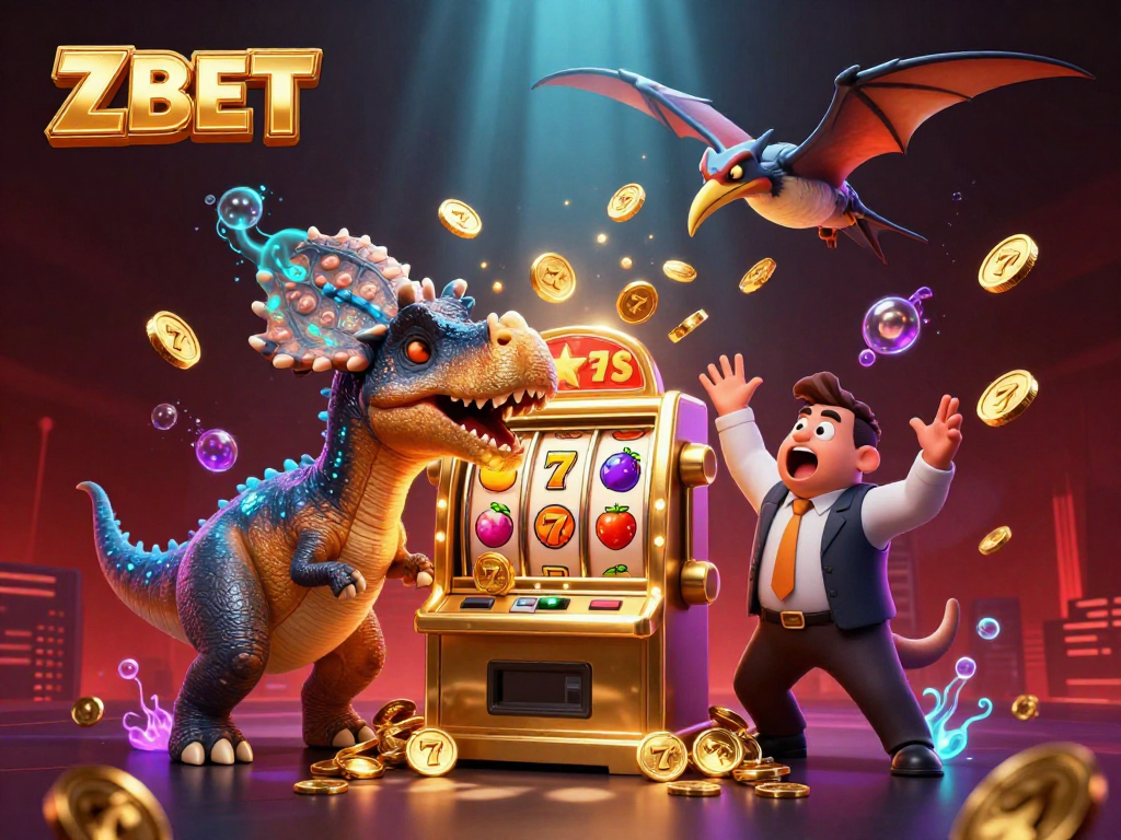 ZBET dazzles as a cartoon dinosaur hits the jackpot on a golden slot machine amid a lively casino scene
