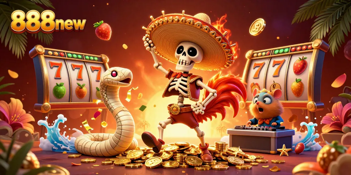 Experience thrilling wins with 888new's lively illustration featuring vibrant casino characters.