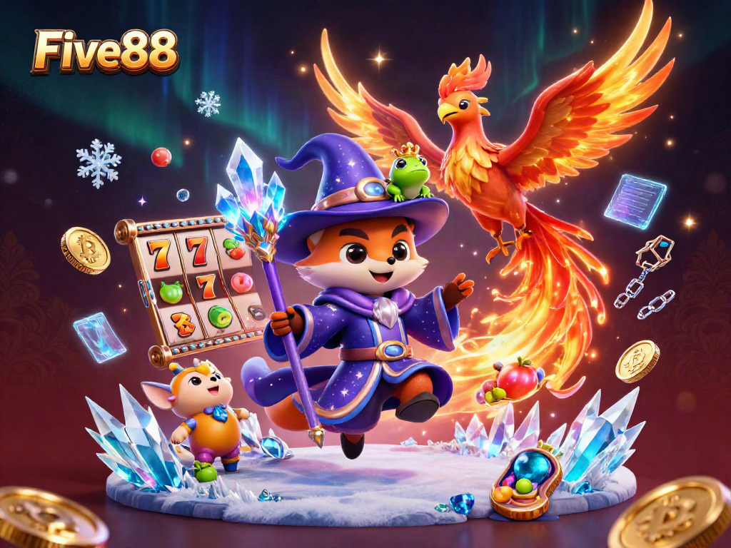 Spin and win with Five88 at the vibrant online casino, filled with mystical elements and slot machines.