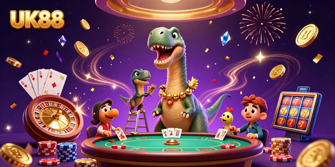 UK88 casino scene with a dinosaur dealing cards at a poker table amid colorful gaming elements.