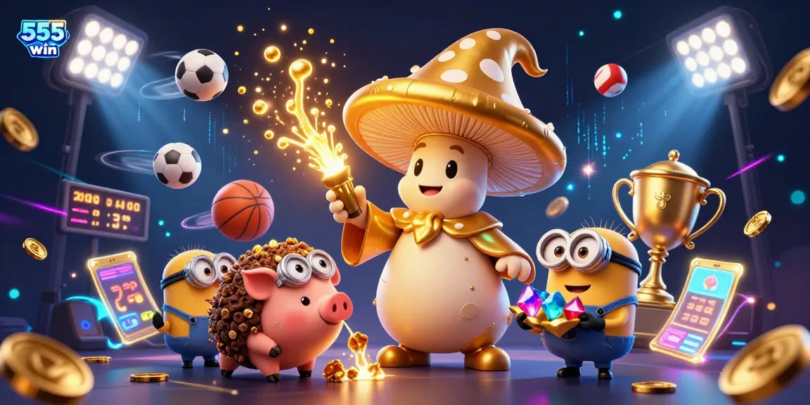 Experience thrilling moments at 555win com with golden wizard and treasure-hunting pig in a vibrant casino-themed scene.