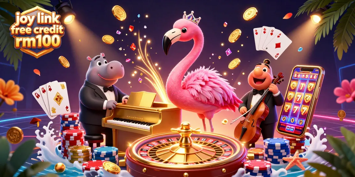 Experience thrilling wins with joy link free credit rm100 in a vibrant casino scene, featuring a musical flamingo and rich game elements.