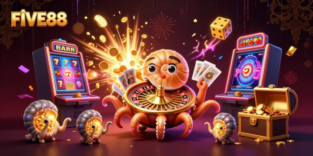 Engage in captivating FIVE88 casino action with a dynamic 3D scene of gaming excitement.