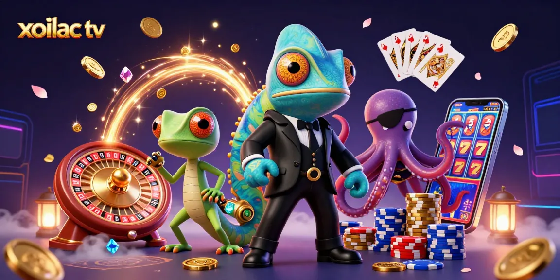 Xoilac TV offers thrilling sports betting action with expert characters amidst sparkling coins and roulette wheels.