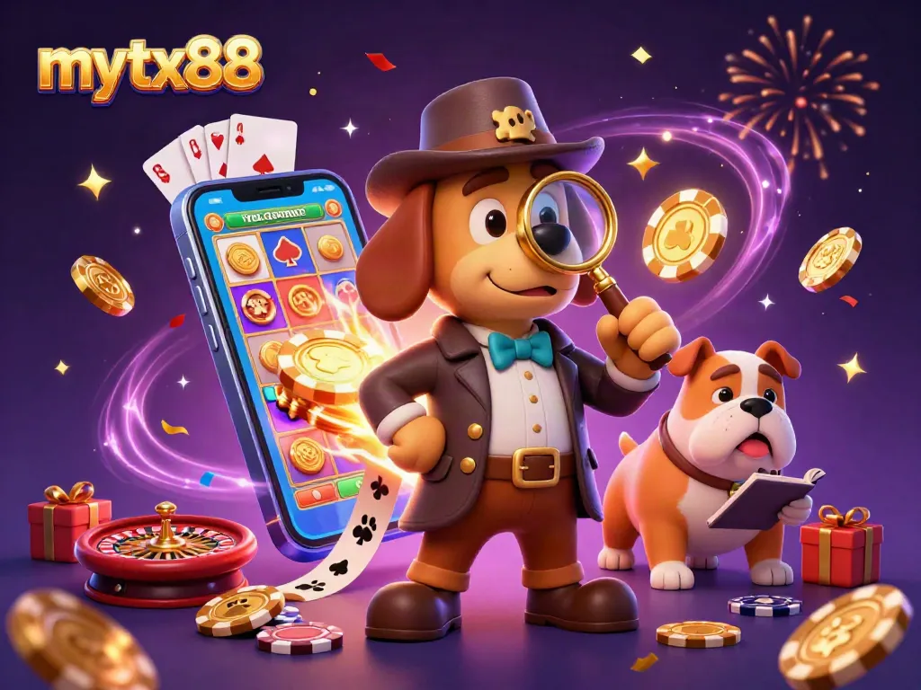 Mytx88 showcases a thrilling scene with a detective examining clues amid an array of casino elements.