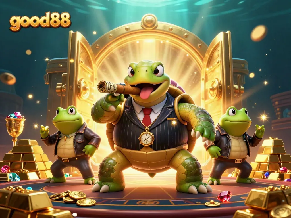 Experience the thrilling world of good88 with a lively casino scene featuring a mobster turtle and frog enforcers.