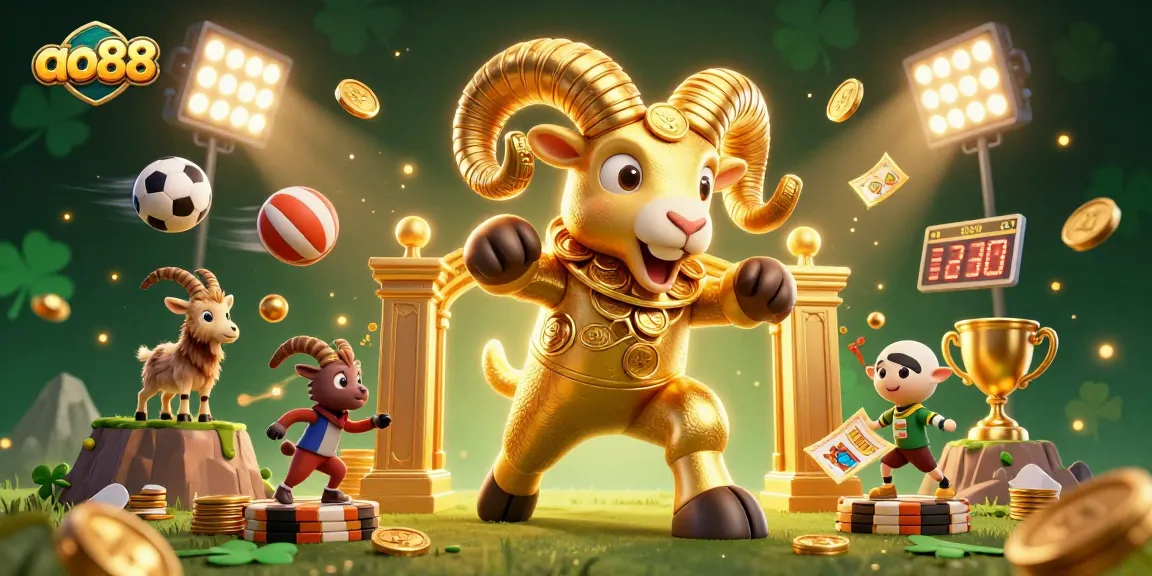 Experience the excitement of ao88 with a golden ram charging through a vibrant sports-themed casino scene.