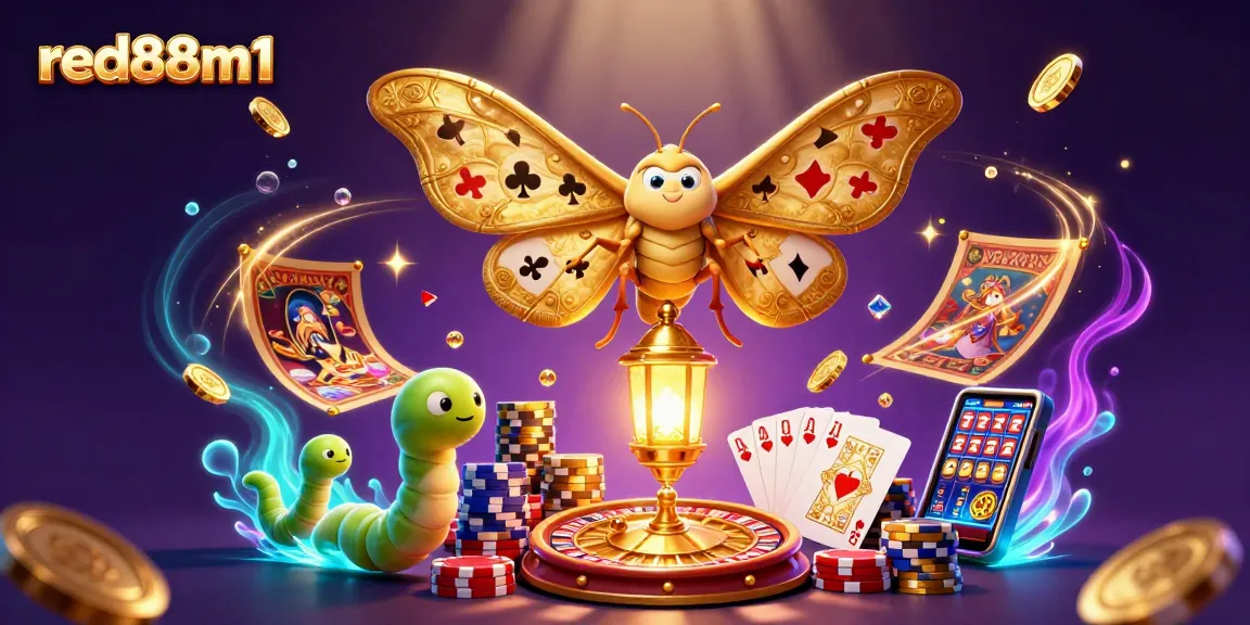 Experience thrilling play with red88m1 as a majestic moth and vibrant casino elements surround a golden lantern.