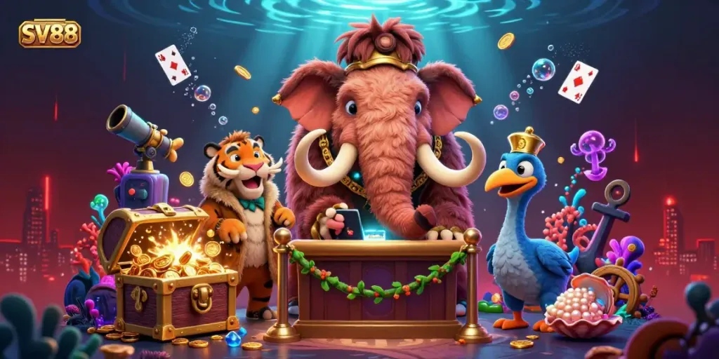 Experience SV88's vibrant casino atmosphere with a woolly mammoth bouncer and saber-tooth guest in an immersive underwater scene.