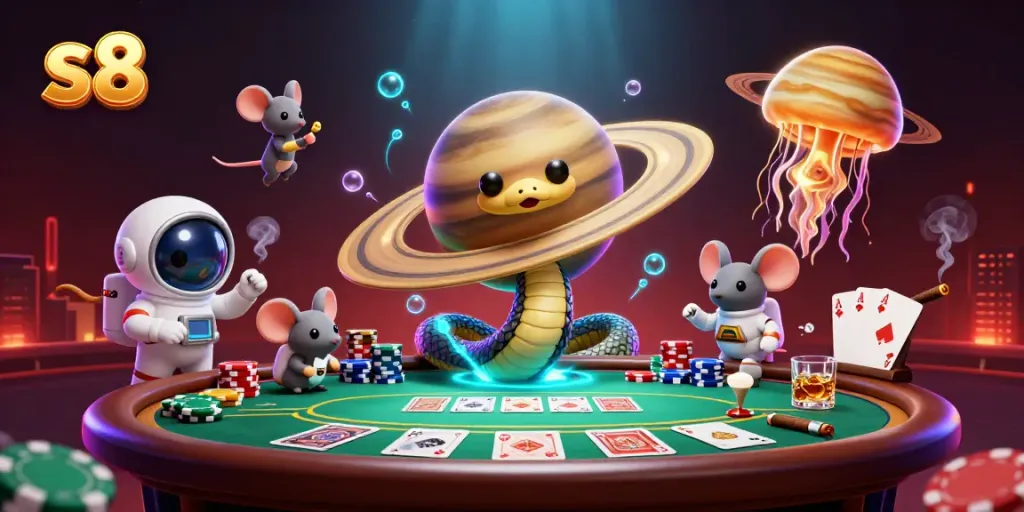Engaging S8 cosmic-themed gambling scene with playful characters and vibrant casino elements.