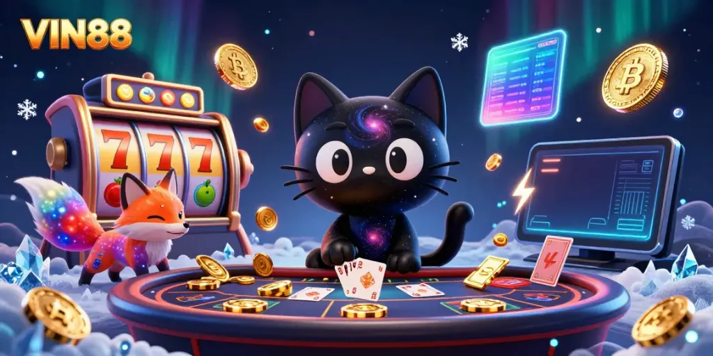 Experience the thrill of VIN88 casino with a cosmic scene featuring a black hole cat and a nebula fox.