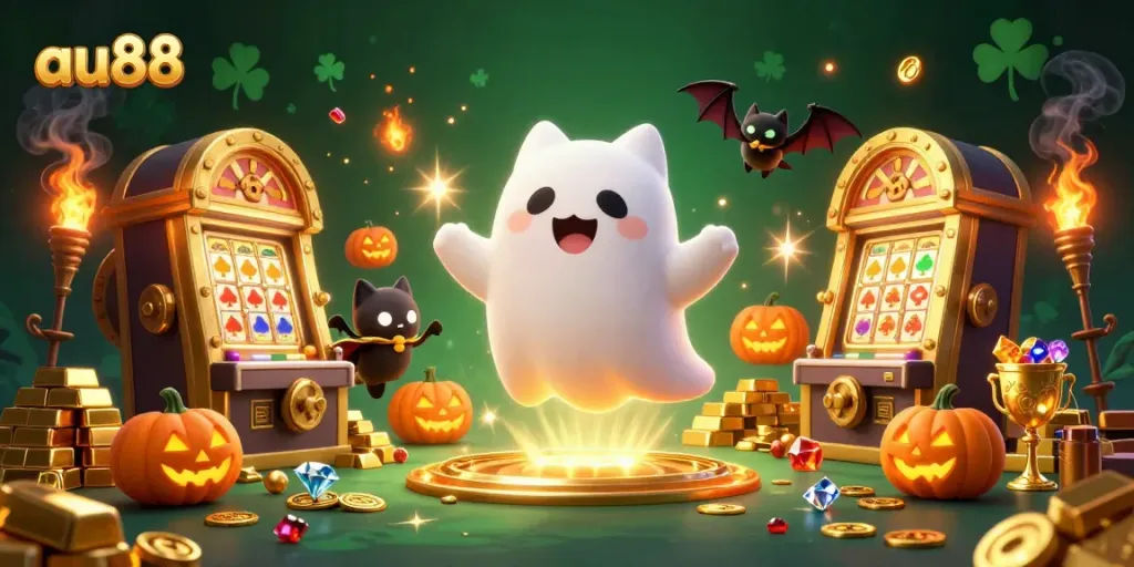 Experience the thrill of gaming action with au88's vibrant cartoon-inspired casino scene featuring a friendly ghost cat.
