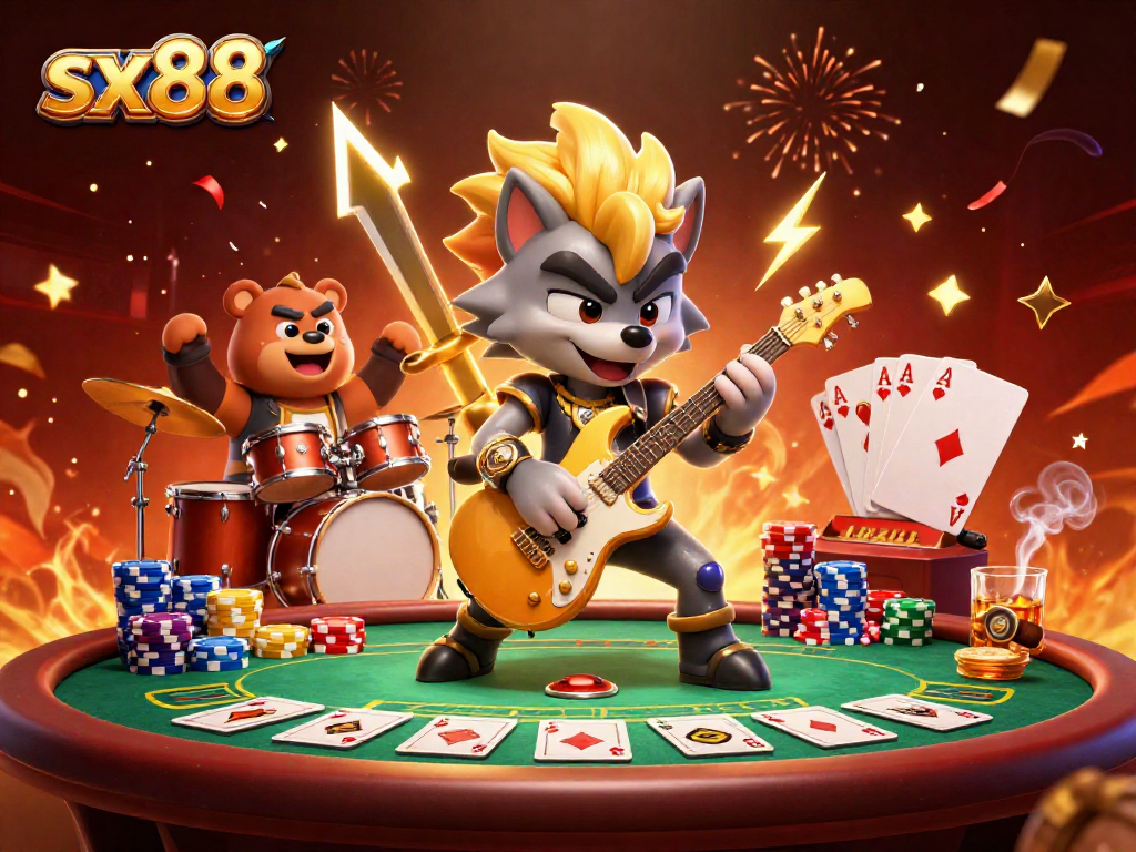 SX88 players enjoy vibrant gaming fun on a dynamic casino stage featuring poker elements.