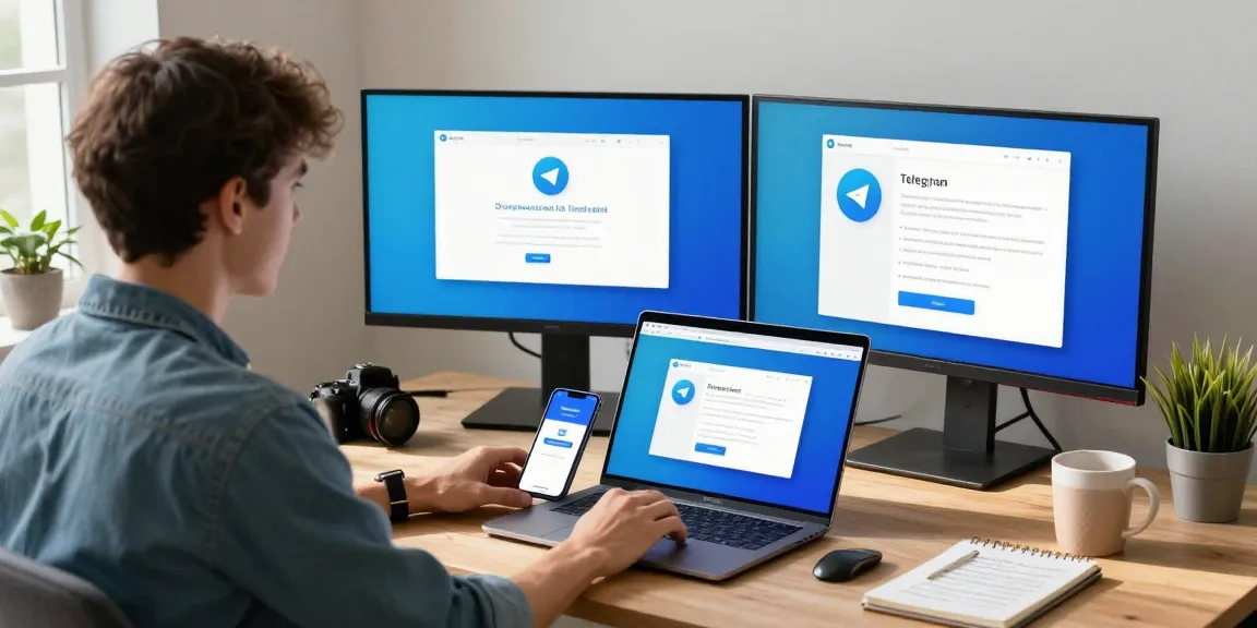 Download Telegram on a sleek workspace setup featuring app interfaces and guides, showcasing a productive digital environment.