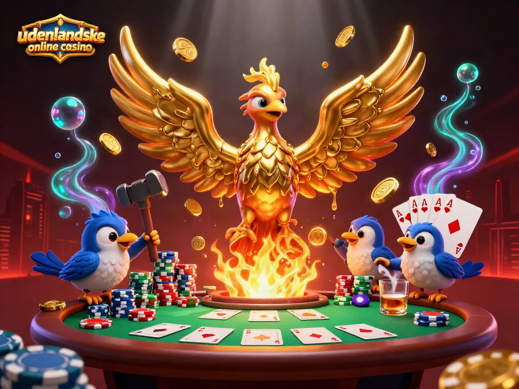 Engage in the exhilarating world of udenlandske online casino with a phoenix rising, gold coins, and poker elements.