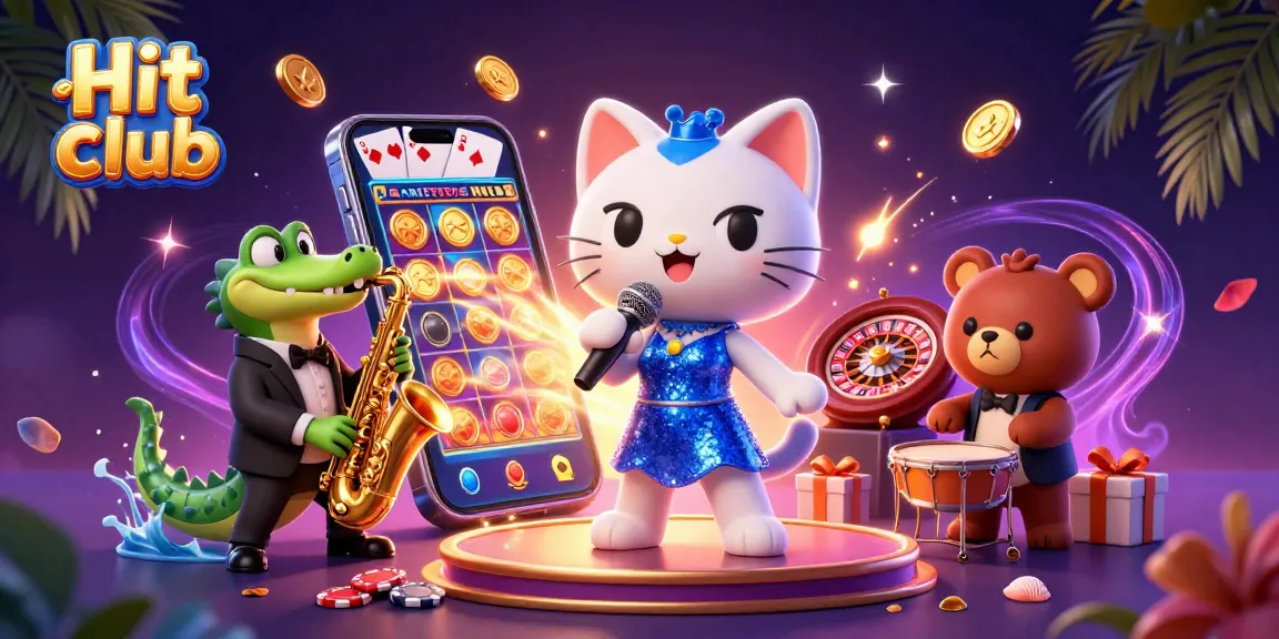 Hit club promotional art featuring a vibrant casino scene with a singing cat, saxophone crocodile, and drumming bear.