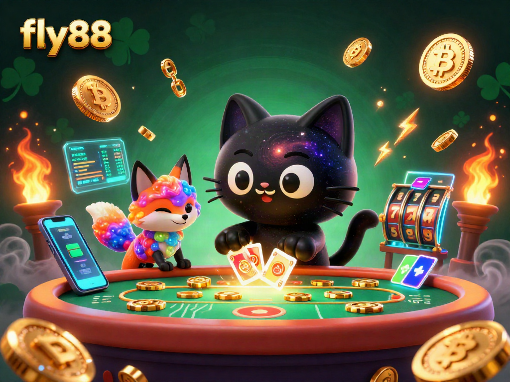 Fly88 showcases an animated cosmic casino scene with a cat and a fox, capturing the excitement of gaming.