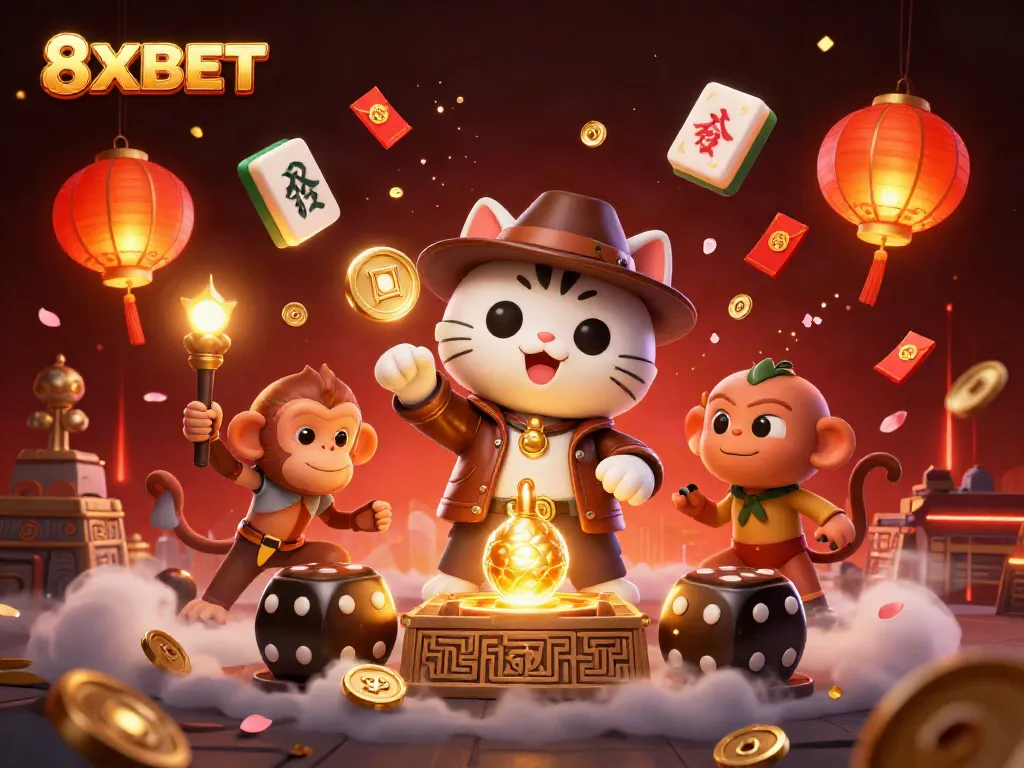 Experience thrilling adventures at 8XBET as the explorer cat discovers casino treasures amidst golden artifacts.